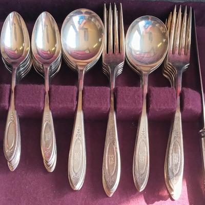 Beautiful "M" engraved Community plate silverware set with serving utensils W.M. Rogers & Son AA 1910