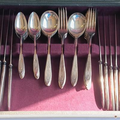 Beautiful "M" engraved Community plate silverware set with serving utensils W.M. Rogers & Son AA 1910