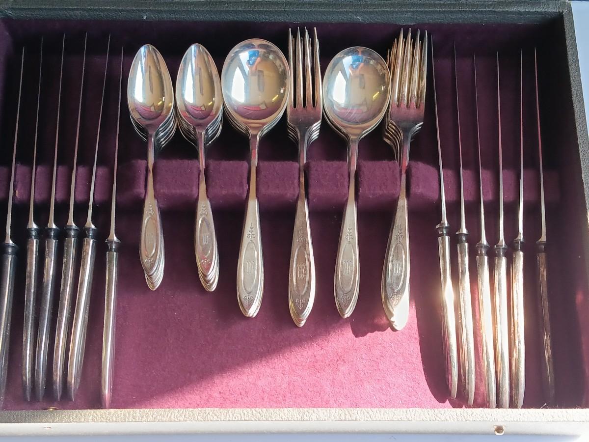 Beautiful "M" engraved Community plate silverware set with serving utensils  W.M. Rogers & Son AA 1910 | EstateSales.org