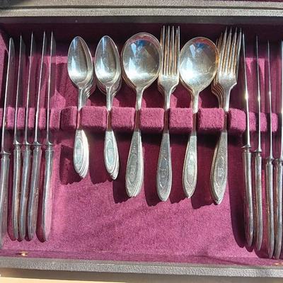 Beautiful "M" engraved Community plate silverware set with serving utensils W.M. Rogers & Son AA 1910