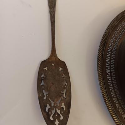 Newport Gorham Silverplate bowl with platter and some serving spoons.