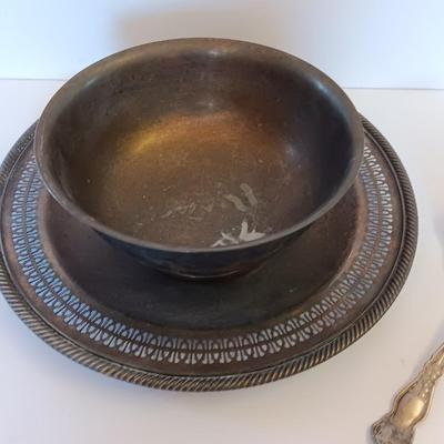 Newport Gorham Silverplate bowl with platter and some serving spoons.