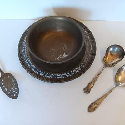 Newport Gorham Silverplate bowl with platter and some serving spoons.