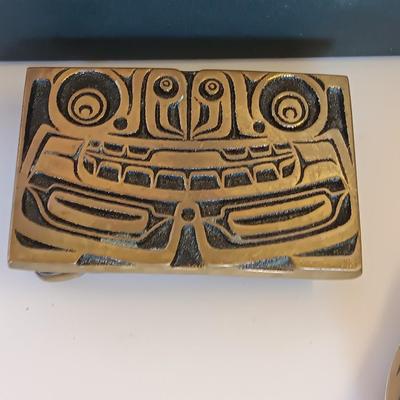 Rainbow metals hand cast solid Bronze buckle with Levenger ink pens and Officier Suisse knife