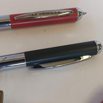 Rainbow metals hand cast solid Bronze buckle with Levenger ink pens and Officier Suisse knife