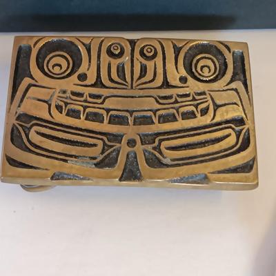 Rainbow metals hand cast solid Bronze buckle with Levenger ink pens and Officier Suisse knife