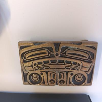 Rainbow metals hand cast solid Bronze buckle with Levenger ink pens and Officier Suisse knife