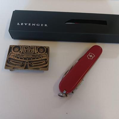 Rainbow metals hand cast solid Bronze buckle with Levenger ink pens and Officier Suisse knife