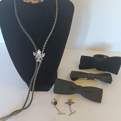 Bow ties with bolo tie and tie pins