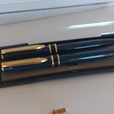 Chinese hand carved Buddha Lapis Lazuli Iguana cuff links and collectible ink pens in case