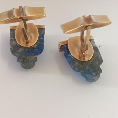 Chinese hand carved Buddha Lapis Lazuli Iguana cuff links and collectible ink pens in case