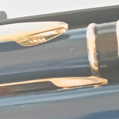 Chinese hand carved Buddha Lapis Lazuli Iguana cuff links and collectible ink pens in case