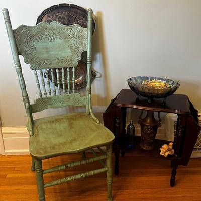 Vintage chair, Carnival glass, side table and other decor