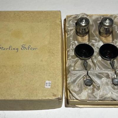 Box of 3 Pepper, 3 Spoons, 3 Open Salts with Amethyst one is broken. All Sterling Silver