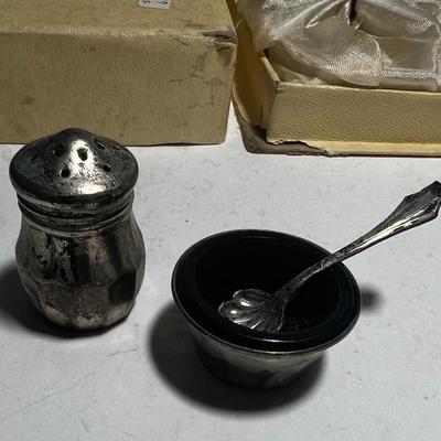 Box of 3 Pepper, 3 Spoons, 3 Open Salts with Amethyst one is broken. All Sterling Silver