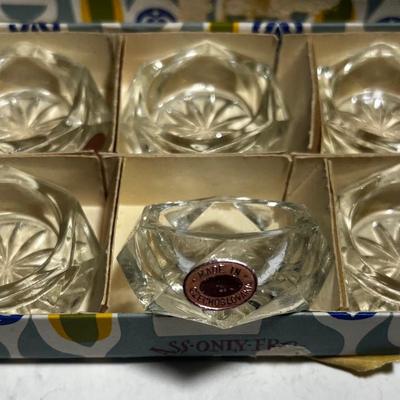 Box Set 6 Crystal Salts made in Czechoslovakia with Matching Crystal Spoons