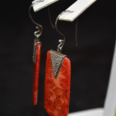 925 Sterling & Coral Drop Earrings 8.3g