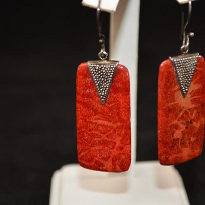 925 Sterling & Coral Drop Earrings 8.3g