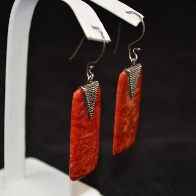 925 Sterling & Coral Drop Earrings 8.3g
