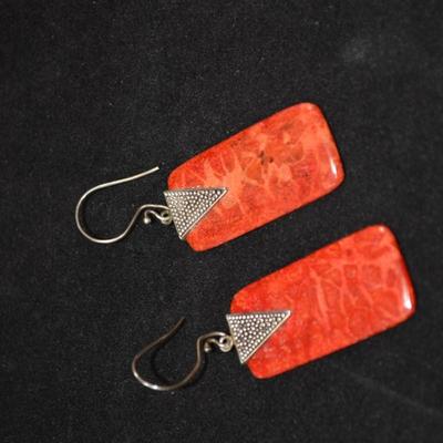 925 Sterling & Coral Drop Earrings 8.3g