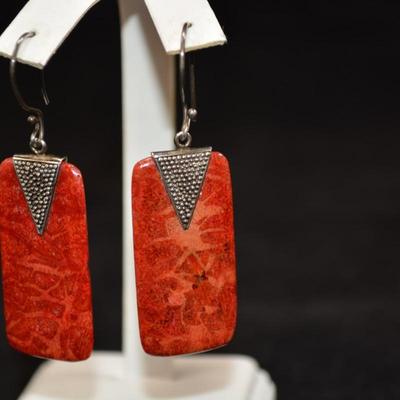 925 Sterling & Coral Drop Earrings 8.3g