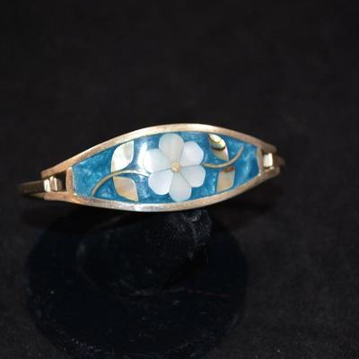 925 Sterling Clasp Bracelet with Mother of Pearl & Turquoise 7" 14.3g
