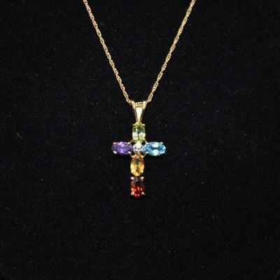 10k Chain with 10k Multi-Stone Cross Pendant 18" 1.4g