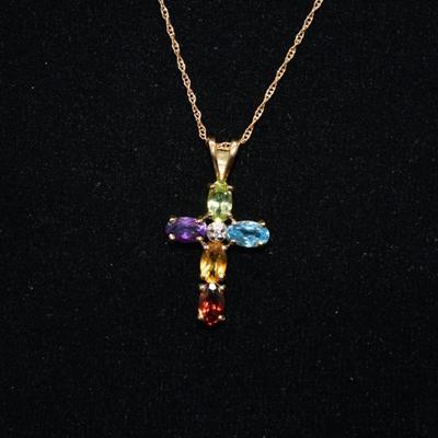 10k Chain with 10k Multi-Stone Cross Pendant 18" 1.4g