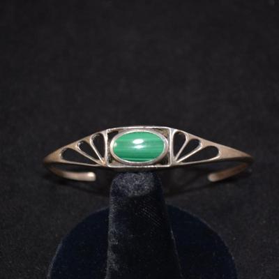 Vintage Silver & Malachite Adjustable Deco Cuff Bracelet 7" 10.6g