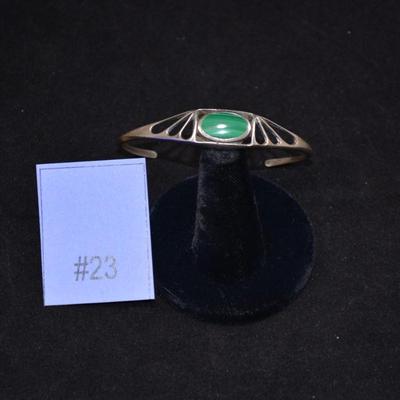 Vintage Silver & Malachite Adjustable Deco Cuff Bracelet 7" 10.6g