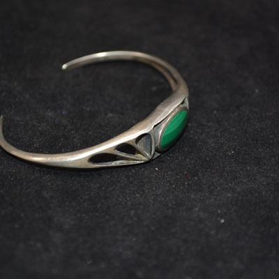 Vintage Silver & Malachite Adjustable Deco Cuff Bracelet 7" 10.6g