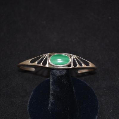 Vintage Silver & Malachite Adjustable Deco Cuff Bracelet 7" 10.6g