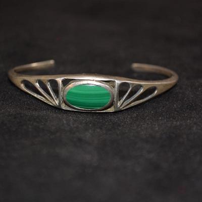 Vintage Silver & Malachite Adjustable Deco Cuff Bracelet 7" 10.6g