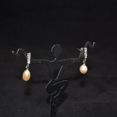 925 Sterling & Cultured Pearl Drop Earrings with Glass Inserts 2.4g