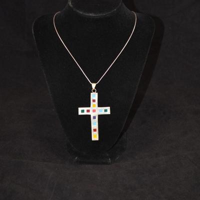 925 Sterling Enameled Cross on 925 Sterling Cable Chain 18" 13.9g