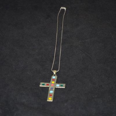 925 Sterling Enameled Cross on 925 Sterling Cable Chain 18" 13.9g