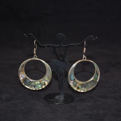 Large Sterling & Abalone Drop Hoop Earrings 12.2g