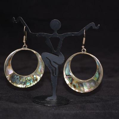 Large Sterling & Abalone Drop Hoop Earrings 12.2g