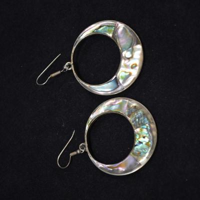 Large Sterling & Abalone Drop Hoop Earrings 12.2g