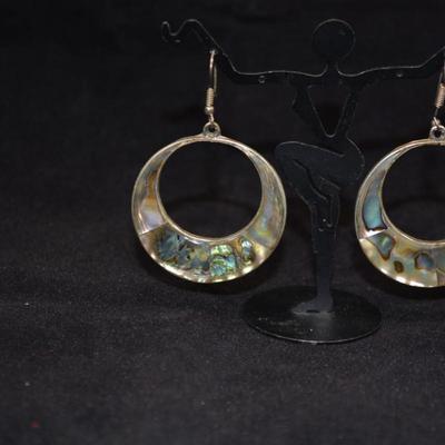 Large Sterling & Abalone Drop Hoop Earrings 12.2g