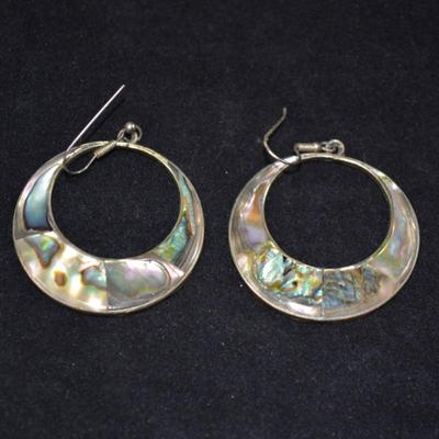 Large Sterling & Abalone Drop Hoop Earrings 12.2g