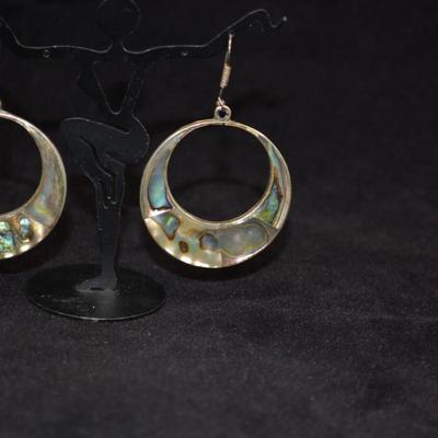 Large Sterling & Abalone Drop Hoop Earrings 12.2g