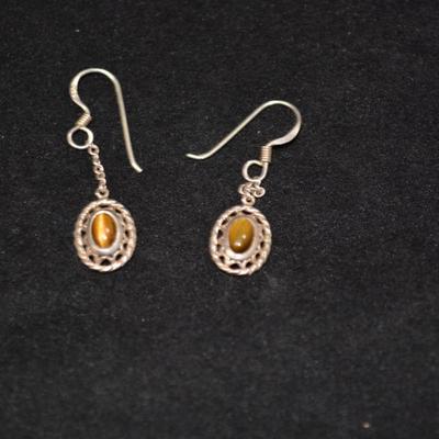 925 Sterling & Tigers Eye Filigree Drop Earrings 2.1g