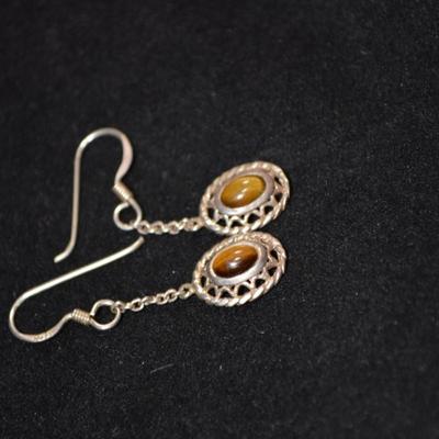 925 Sterling & Tigers Eye Filigree Drop Earrings 2.1g