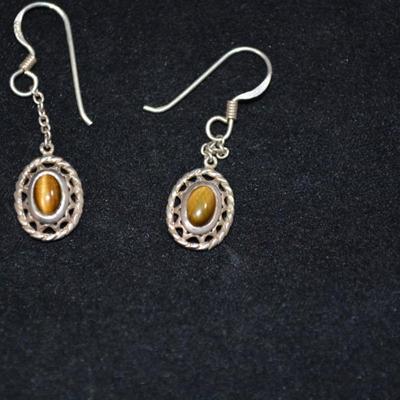 925 Sterling & Tigers Eye Filigree Drop Earrings 2.1g