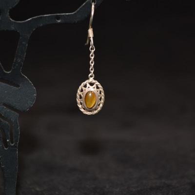 925 Sterling & Tigers Eye Filigree Drop Earrings 2.1g