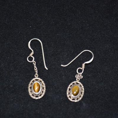 925 Sterling & Tigers Eye Filigree Drop Earrings 2.1g