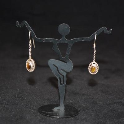 925 Sterling & Tigers Eye Filigree Drop Earrings 2.1g