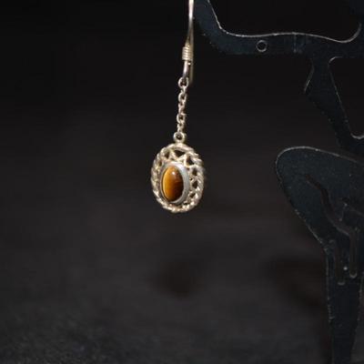 925 Sterling & Tigers Eye Filigree Drop Earrings 2.1g