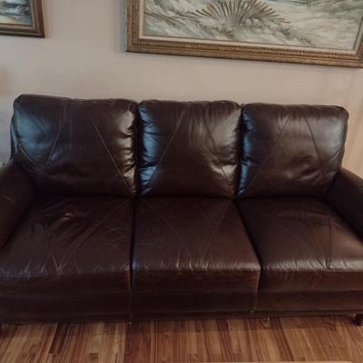 Brown Leather Three Cushion Couch with Brass Tack Accent